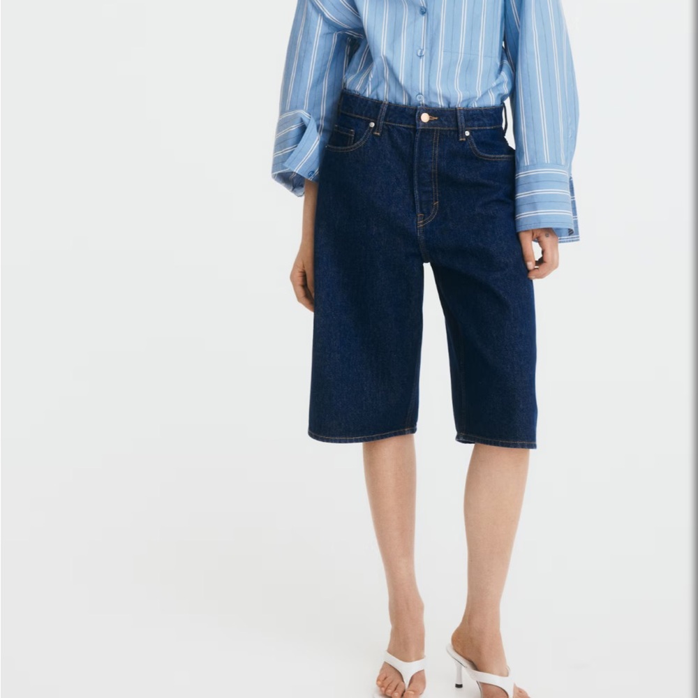 H&M High Waist Knee-Length Dark Blue Denim Shorts